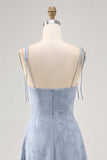 Dusty Blue A Line Midi Spaghetti Straps Vestido de Noiva com Fenda