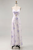 Alças de espaguete de flor de lavanda cortadas para fora vestido de noiva com fenda