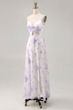 Alças de espaguete de flor de lavanda cortadas para fora vestido de noiva com fenda