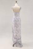 Floral babado bainha estampada azul assimétrico vestido de casamento convidado