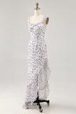 Floral babado bainha estampada azul assimétrico vestido de casamento convidado