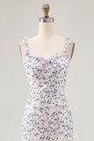 Floral babado bainha estampada azul assimétrico vestido de casamento convidado