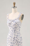 Floral babado bainha estampada azul assimétrico vestido de casamento convidado