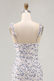 Floral babado bainha estampada azul assimétrico vestido de casamento convidado