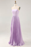 Strapless plissado lilás uma linha longo vestido de dama de honra