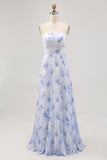 Azul Linha-A Direto Flores Chiffon Longos Vestido Para Casamento Convidada