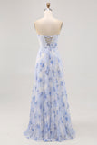 Azul Linha-A Direto Flores Chiffon Longos Vestido Para Casamento Convidada