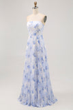 Azul Linha-A Direto Flores Chiffon Longos Vestido Para Casamento Convidada