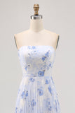 Azul Linha-A Direto Flores Chiffon Longos Vestido Para Casamento Convidada