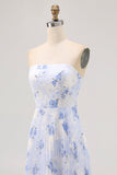 Azul Linha-A Direto Flores Chiffon Longos Vestido Para Casamento Convidada