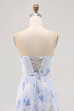 Azul Linha-A Direto Flores Chiffon Longos Vestido Para Casamento Convidada