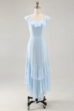 Sky Blue Ruffled Scoop Neck Um Vestido de Madrinha Linha