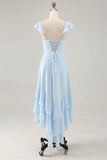 Sky Blue Ruffled Scoop Neck Um Vestido de Madrinha Linha