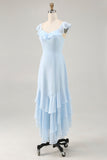 Sky Blue Ruffled Scoop Neck Um Vestido de Madrinha Linha