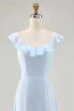 Sky Blue Ruffled Scoop Neck Um Vestido de Madrinha Linha