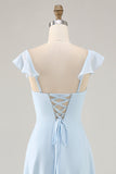 Sky Blue Ruffled Scoop Neck Um Vestido de Madrinha Linha