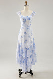 Flor rosa estampada Uma linha babado vestido de noiva convidado