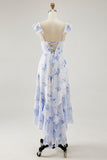 Flor rosa estampada Uma linha babado vestido de noiva convidado