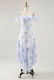 Flor rosa estampada Uma linha babado vestido de noiva convidado