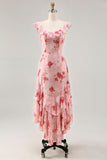 Flor rosa estampada Uma linha babado vestido de noiva convidado