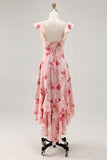 Flor rosa estampada Uma linha babado vestido de noiva convidado