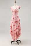 Flor rosa estampada Uma linha babado vestido de noiva convidado