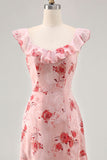 Flor rosa estampada Uma linha babado vestido de noiva convidado