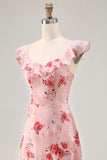 Flor rosa estampada Uma linha babado vestido de noiva convidado