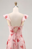 Flor rosa estampada Uma linha babado vestido de noiva convidado
