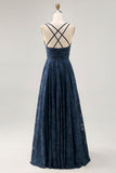 Floral A Line Navy Printed Long Wedding Guest Dress