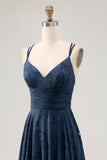 Floral A Line Navy Printed Long Wedding Guest Dress