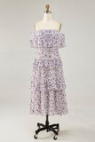 Fora do ombro roxo flor estampada uma linha de vestido de casamento convidado