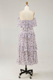 Fora do ombro roxo flor estampada uma linha de vestido de casamento convidado