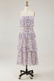 Fora do ombro roxo flor estampada uma linha de vestido de casamento convidado