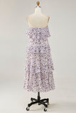 Fora do ombro roxo flor estampada uma linha de vestido de casamento convidado
