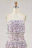 Fora do ombro roxo flor estampada uma linha de vestido de casamento convidado
