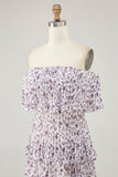Fora do ombro roxo flor estampada uma linha de vestido de casamento convidado