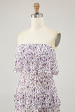 Fora do ombro roxo flor estampada uma linha de vestido de casamento convidado