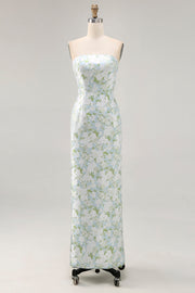 Strapless impresso branco azul bainha flor vestido dama de honra