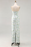 Strapless impresso branco azul bainha flor vestido dama de honra