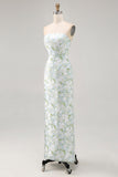 Strapless impresso branco azul bainha flor vestido dama de honra