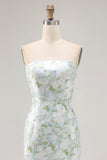 Strapless impresso branco azul bainha flor vestido dama de honra