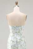 Strapless impresso branco azul bainha flor vestido dama de honra