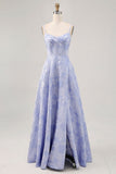 Azul  Linha-A Flores Espartilho Longos Vestido Cerimónia com Fenda