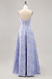 Azul  Linha-A Flores Espartilho Longos Vestido Cerimónia com Fenda