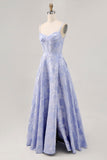 Azul  Linha-A Flores Espartilho Longos Vestido Cerimónia com Fenda