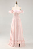 Off The Shoulder Blush babado um vestido de dama de honra linha com fenda