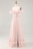 Off The Shoulder Blush babado um vestido de dama de honra linha com fenda