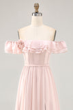 Off The Shoulder Blush babado um vestido de dama de honra linha com fenda