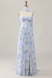 Strapless Blue Flower A-Line Vestido de Noiva Estampado com Fenda